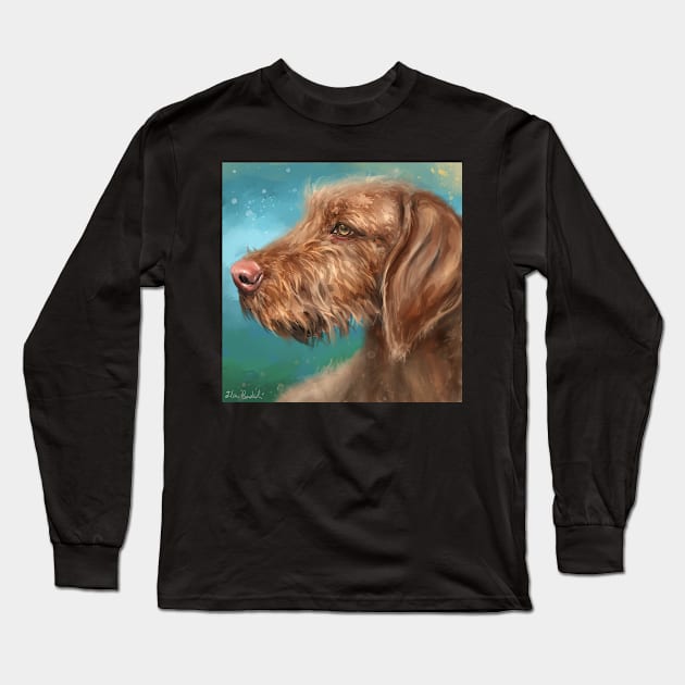 Painting of a Brown Wirehaired Vizsla Looking to the Left Side Long Sleeve T-Shirt by ibadishi